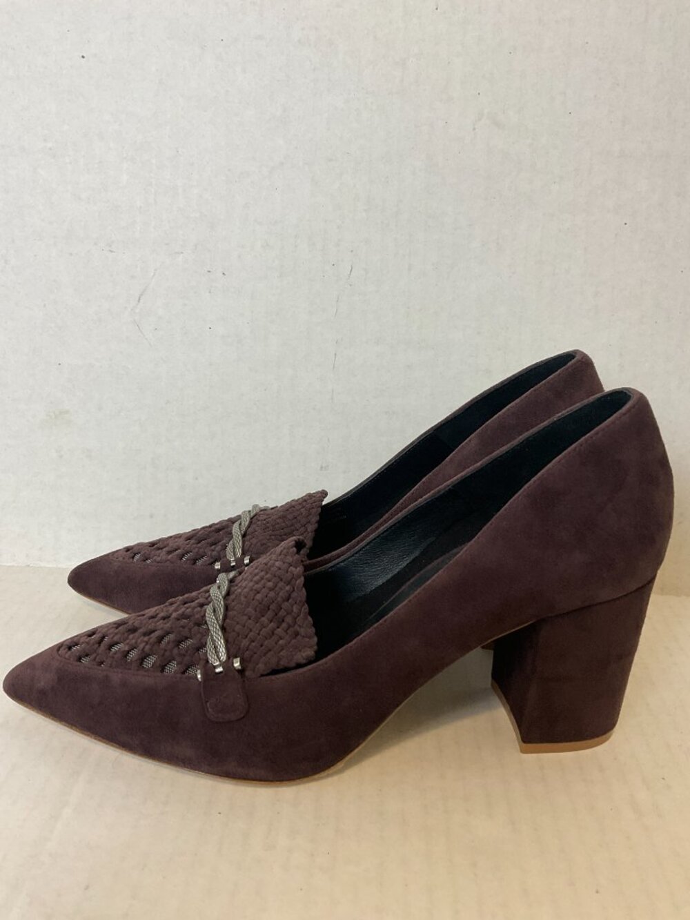 L'Agence Suede Pumps 9 Plum Purple Pointed Toe Silver Detail Block Heel